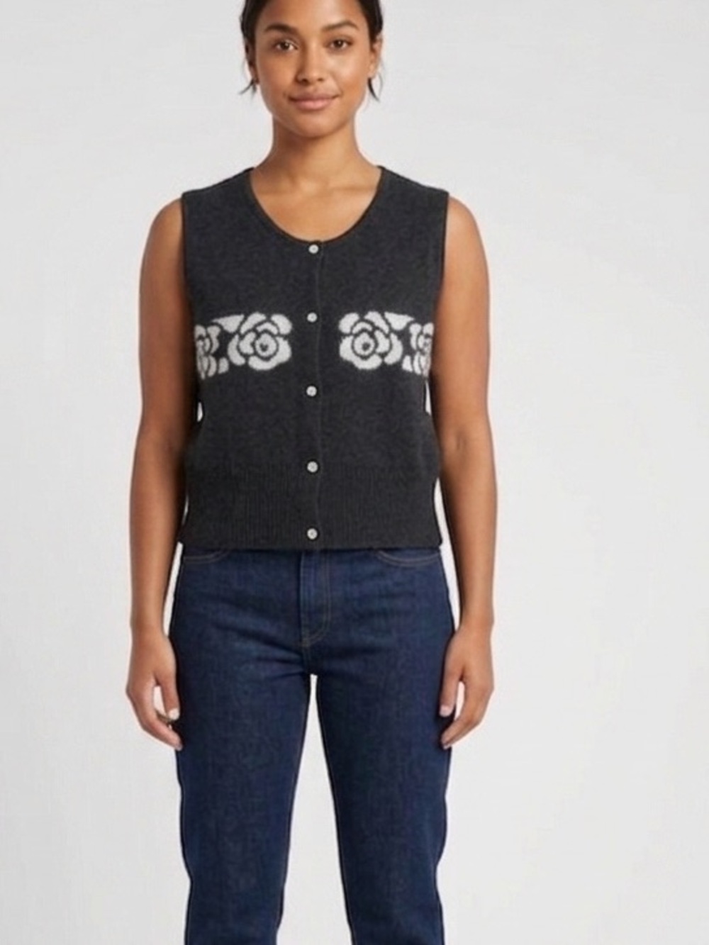 SHEIN MOD Floral Pattern Button Front Knit Vest Without Blouse size L new